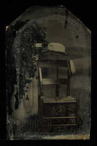 Unusual Antique Tintype - Two Hats on Posing Stand & Chair - Abstract Still Life