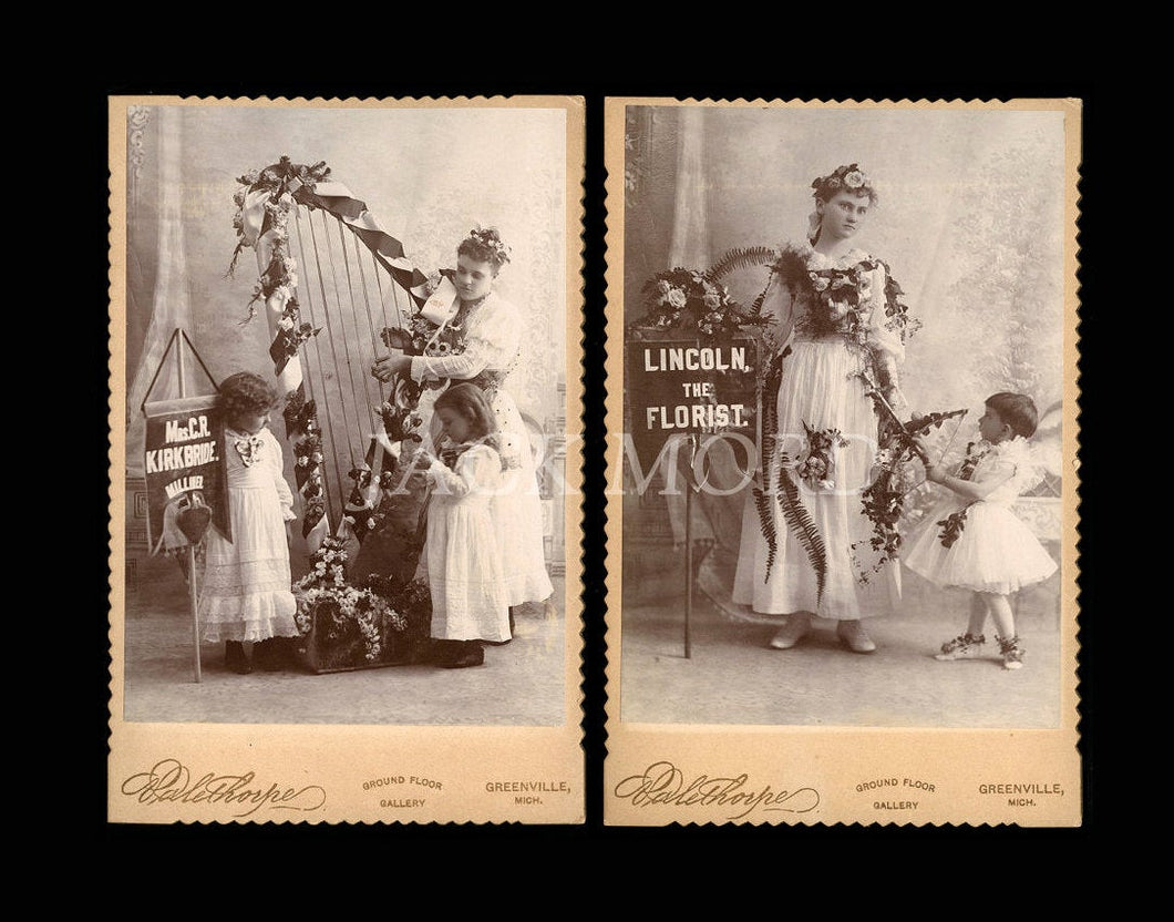 Amazing Pair Antique Photos Advertising Sign Women & Cupids Rare 1800s Lady