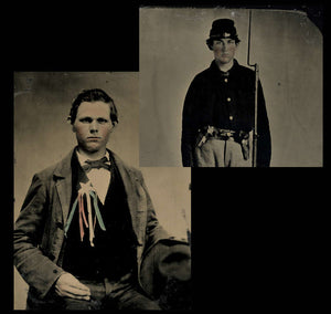 Double 1/6 Tintype Photos - Armed Civil War Soldier + Political Cockade Ribbon
