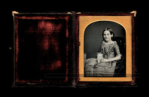 1850s Daguerreotype Photo - Smiling Girl Holding Two Tiny Dolls!