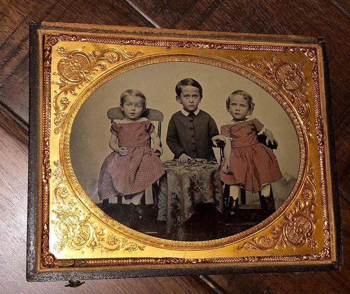 Half Plate Tinted Ambrotype Photo of Cute Children. Boy & Girls, Early-1860s