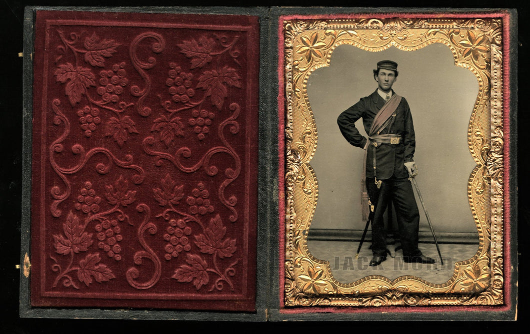 1/4 Tintype Photo Armed Civil War Soldier Sword & Officer of the Day Sash Tinted