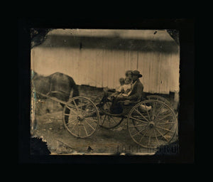 Outdoor 1860s Ambrotype Photo - Family of Four in Horse Carriage