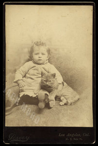Antique 1880s Cabinet Photo Little Boy with Cat - Los Angeles Photographer!