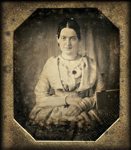 1840s Daguerreotype - Woman with Gold Jewelry & Object Book or Sign (?) on Table