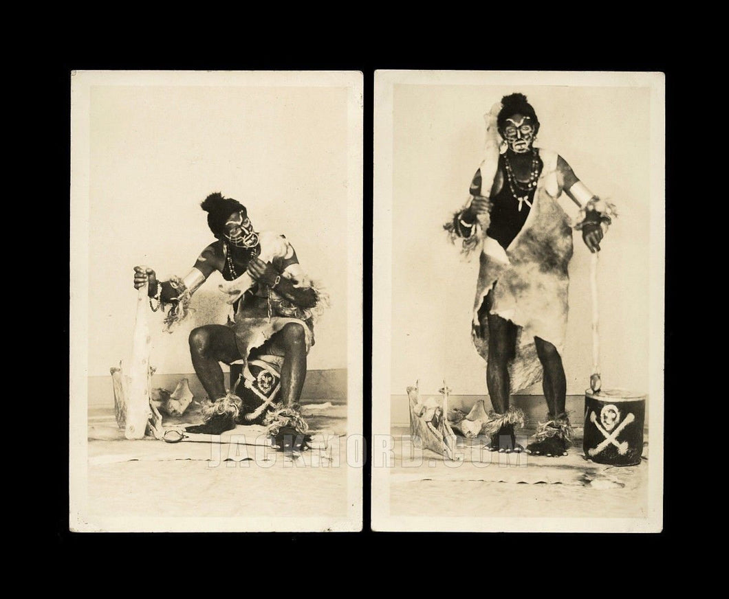 creepy vintage photo WILD MAN / CANNIBAL halloween costume + skull & crossbones