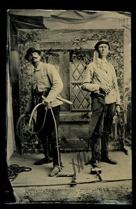 Occupational Tintype - Telegraph Linemen (?) with Rope and other Tools