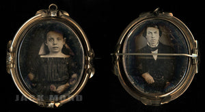 1850s Double Sided Daguerreotype Mourning Jewelry - Girl Holding Flowers & Man