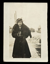 Load image into Gallery viewer, antique 1910s snapshot photo stylish woman holding camera / outdoor snow
