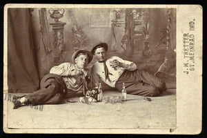 Old Photo 2 Men Friends Lying on Floor Drinking Beer Cigars & Guns Indiana 1890s
