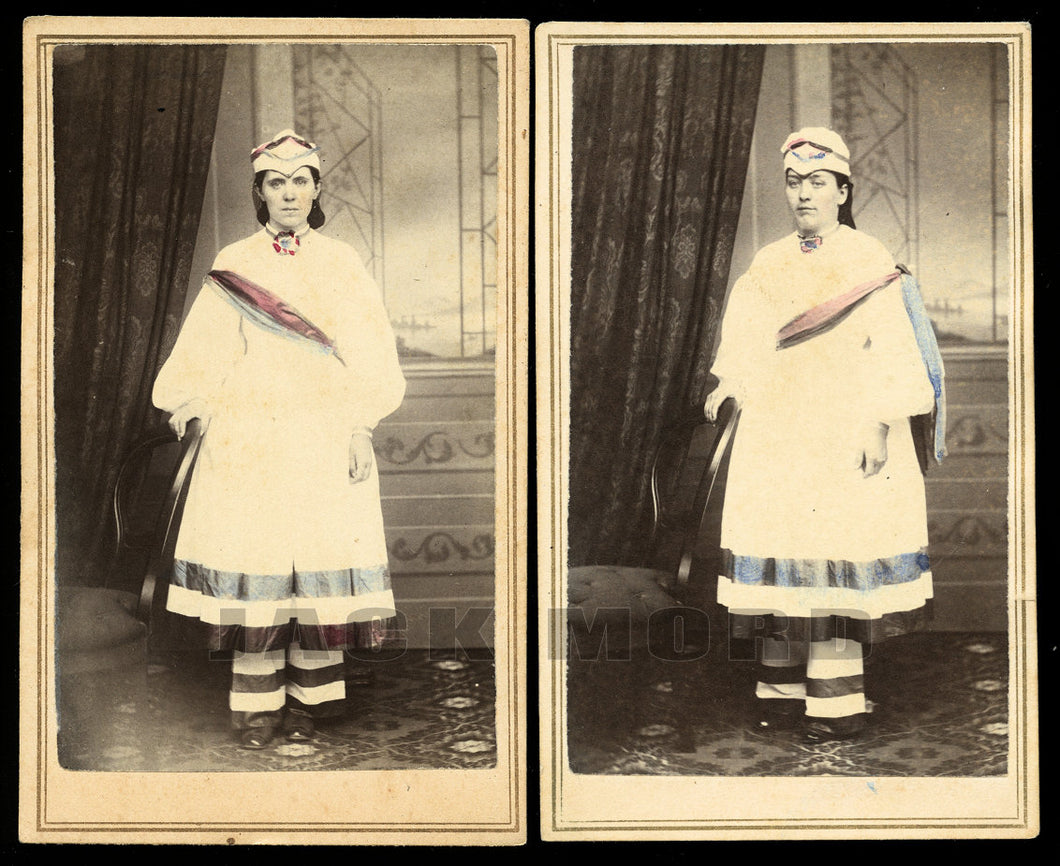 Two Rare CDV Photos - Political Parade Marcher Girls in Patriotic Costumes / 1860s Maine