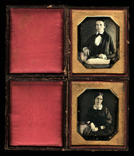 Load image into Gallery viewer, Young Couple Husband &amp; Wife Wearing Mourning Bands Matching 1840s Daguerreotype Set
