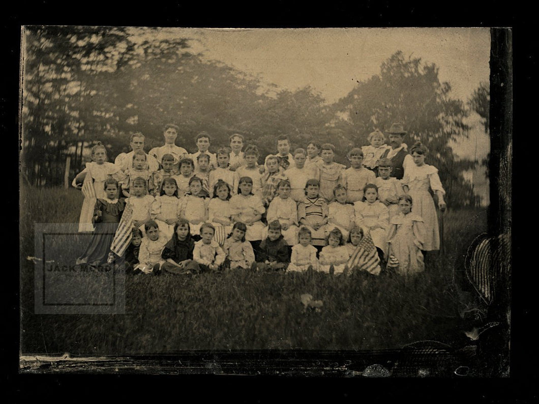 Great Outdoor Tintype Photo Little Girls School ? Waving US Flags Prob Virginia