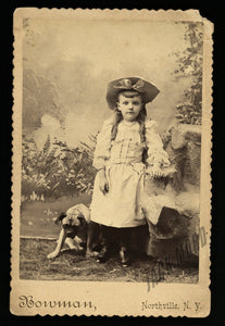 Great Antique Cabinet Card - Little New York Girl in Big Hat & Pit Bull? Dog