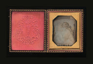 Post Mortem Daguerreotype Photo, Baby in Crib Holding Toy Rattle, c.1850