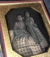 Load image into Gallery viewer, 1840s 1/6 Daguerreotype Sisters / Twins in Matching Dresses &amp; Tinted Blue Wraps
