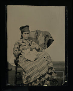 1800s Tintype Photo Woman in Unusual Hat & Dress Crocheting / Crochet