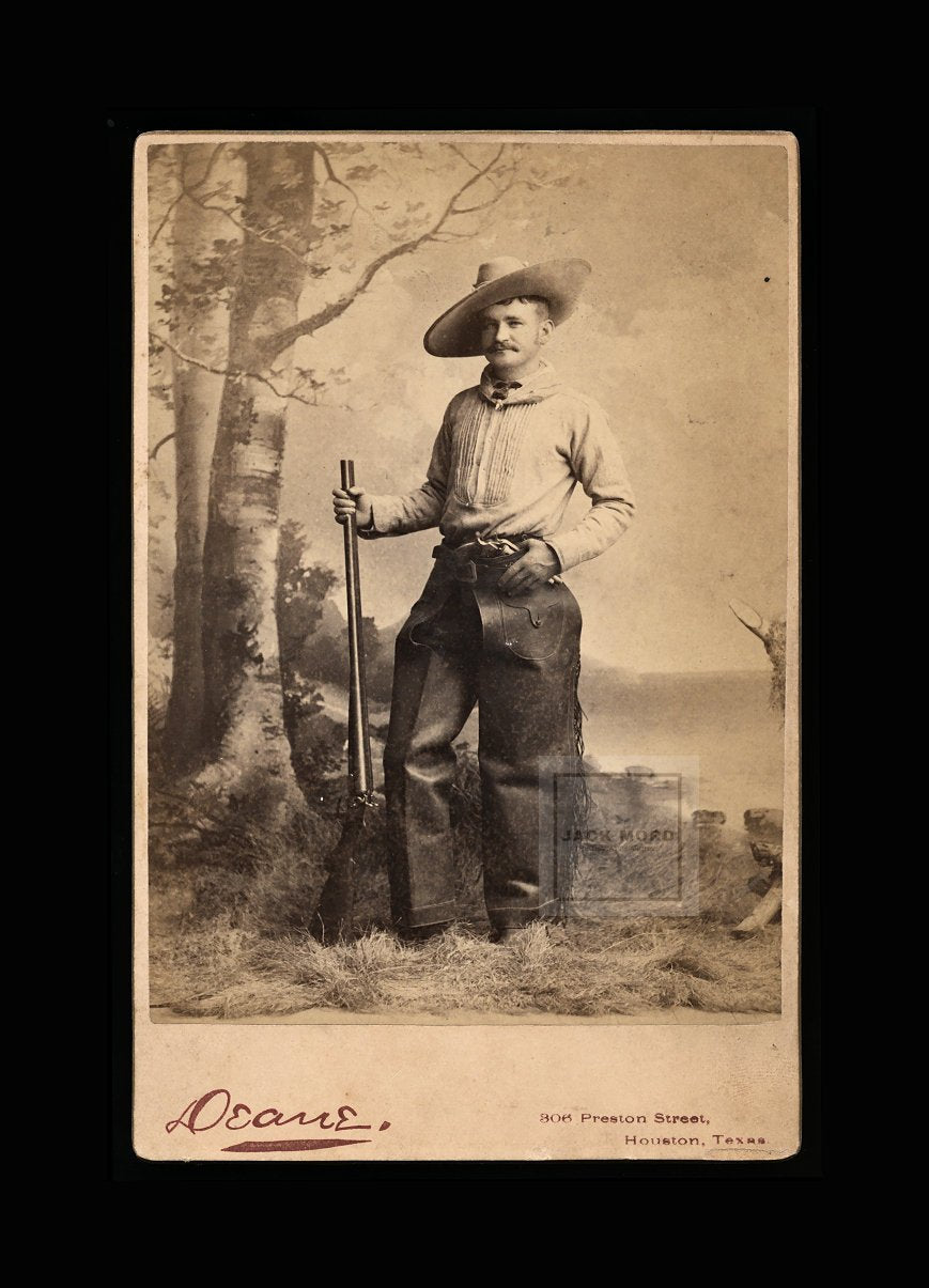 Amazing Antique Photo, 1880s Armed Texas Cowboy Wearing Fringed Chaps, Rifle