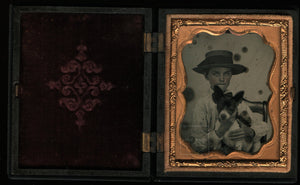 Ambrotype Southern Boy in Straw Holding Dog - Jack Russell Terrier?