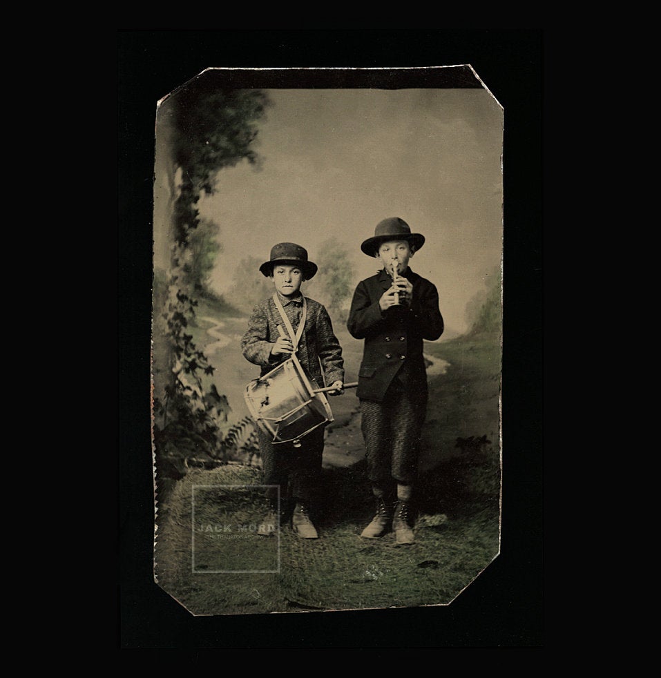 Excellent Antique Tintype Photo ID'd Drummer & Horn Player Musician Boys Tinted