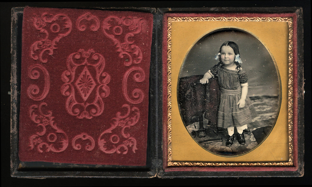 1/6 Sealed Daguerreotype Smiling Little Girl Tinted Blue Ribbons Hidden Mother?