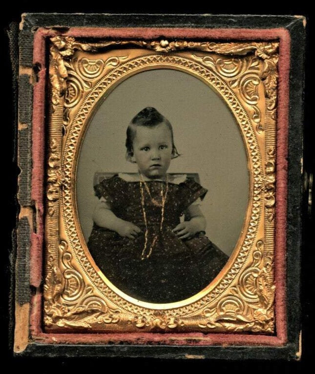 1860s Ambrotype Photo Little Boy Funny Hair Gold Necklace and Tinted Dress