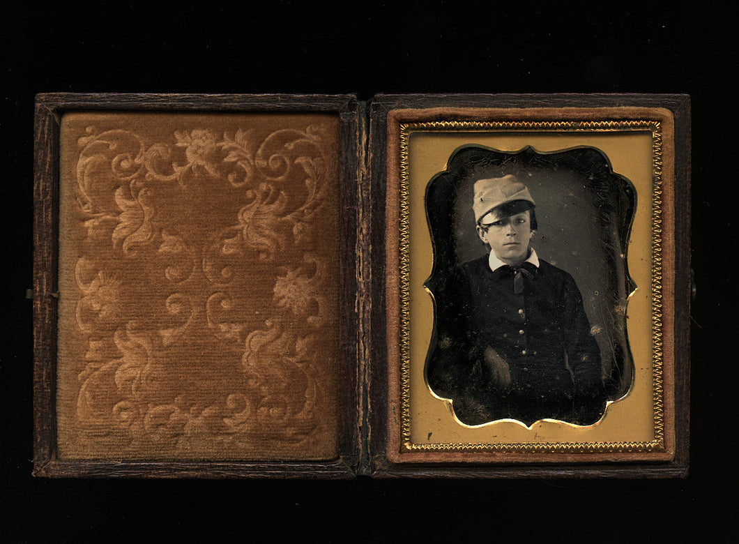 Too Cool Boy - Casual Pose in Kepi Cadet Hat - 1/9 1850s Sealed Daguerreotype