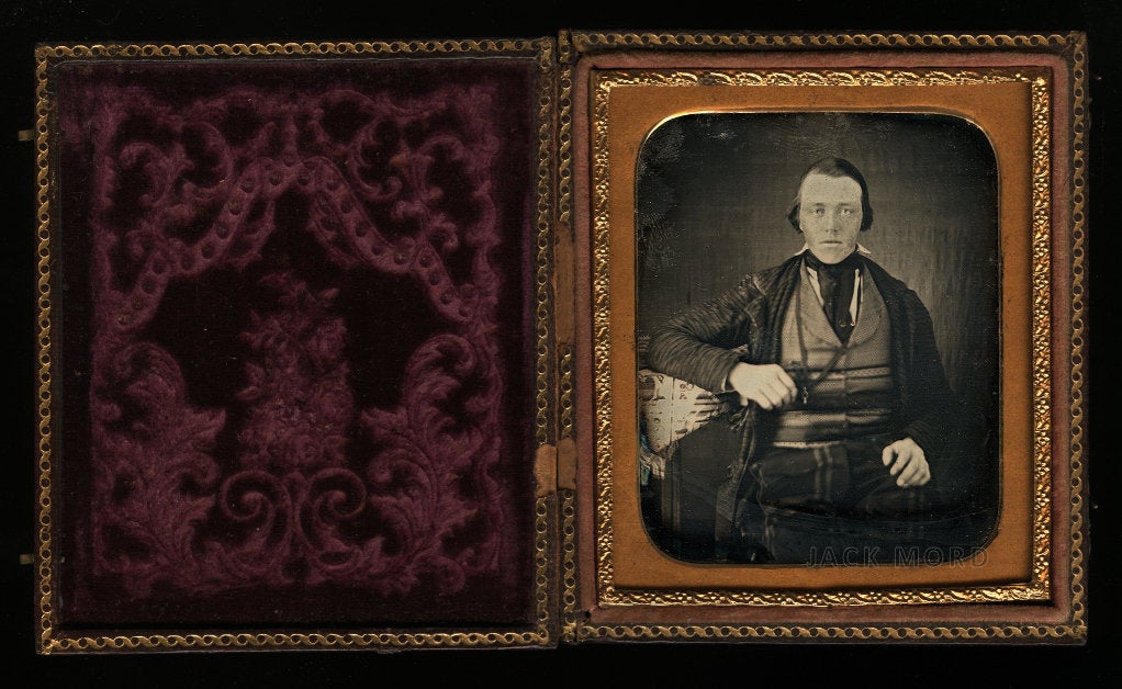 1/6 1850s Daguerreotype Man with Unusual Folk Art Military or Political Banner?