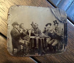 Rare 1860s Tintype Photo Group of Musicians at Table Playing Music Instruments