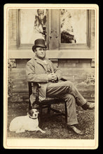 Load image into Gallery viewer, Antique 1890s Photo Casual Man Outdoors Front of House Jack Russell Terrier Dog
