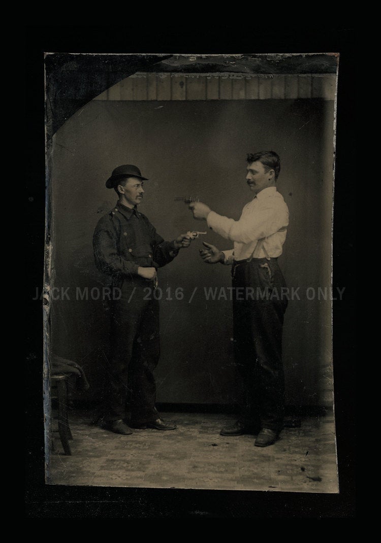 Antique Tintype Men in Gun Fight One in Uniform