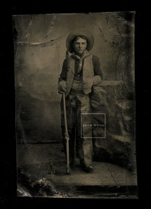 Antique Tintype Armed Cowboy Chaps Gloves & Holding Rifle - Native American ??