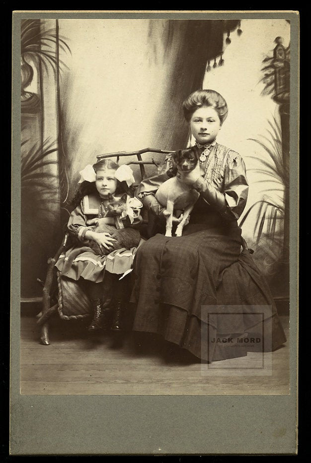 Antique 1800s Photo Woman & Daughter Holding Cat and Jack Russell Dog