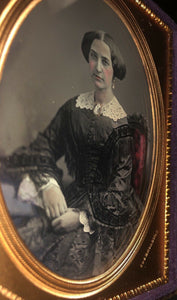1/4 Jeremiah Gurney Daguerreotype Woman Wearing Leda & Swan Brooch / Tinted / ID'd by Note