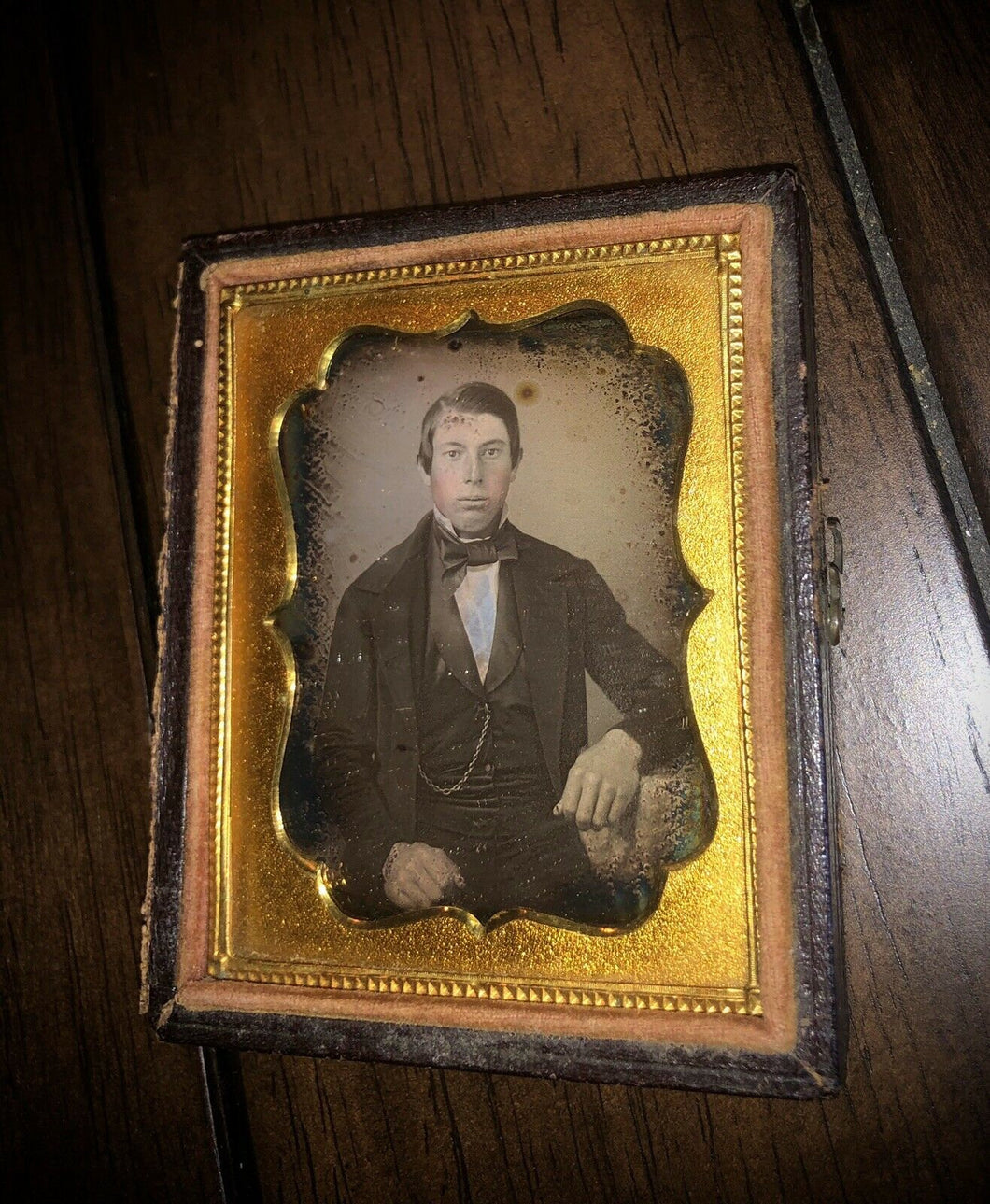 Sealed 1/9 Daguerreotype Young Man In Suit, Painted Gold Watch Chain