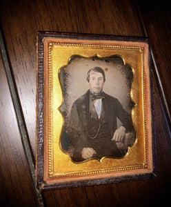 Sealed 1/9 Daguerreotype Young Man In Suit, Painted Gold Watch Chain