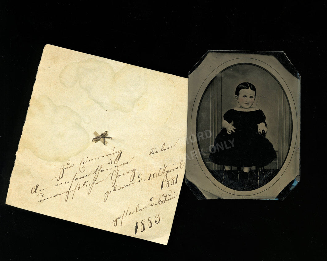 tintype of little girl with memorial note and hair dated birth & death / folk art