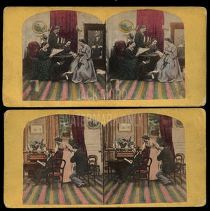 1860S STEREOVIEW PHOTOS Victorian Home Life Same House Interior Tinted Tax Stamp Color Tinted