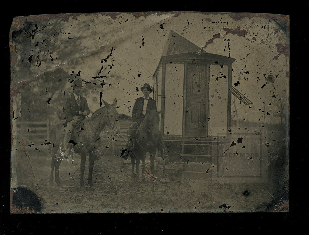 Rare Outdoor Tintype Men & Horses Photo, Rural Georgia Photographer's Traveling Gallery Studio Wagon