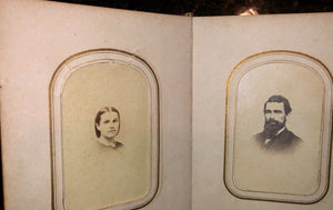 Antique leather 1860s album with old 1800s photos, Civil War tax stamps