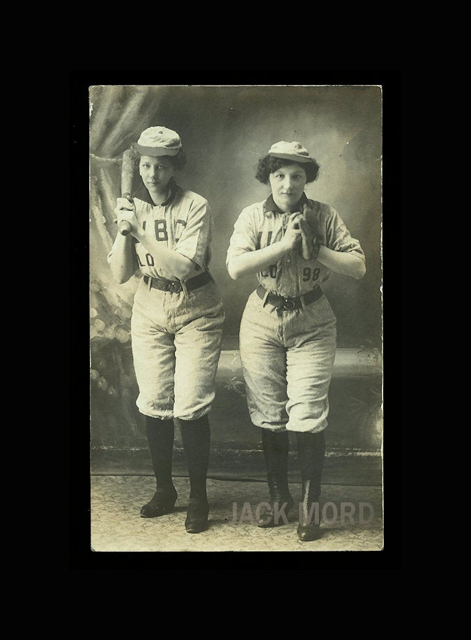 Rare Antique Photo Postcard of Female Baseball Players with Bat & Glove