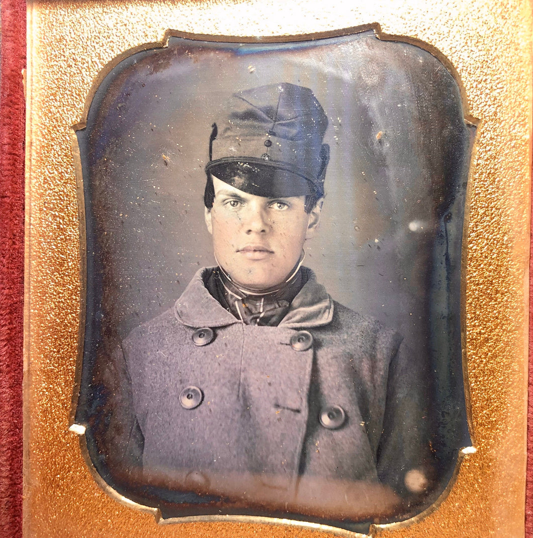 Sealed Daguerreotype Handsome Young Man Wearing Great Cap & Large Button Coat