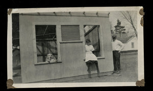 Man Girl & Funny Standing Dog in Window - Vintage Antique Snapshot Photo 1920s