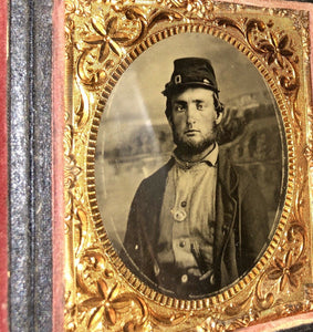 1860s Photo 2x? Armed Civil War Soldier Wearing Corps Badge, Painted Backdrop