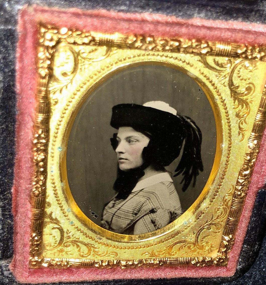 miniature 1850s ambrotype boston girl in profile wearing hat & feathers, PB case