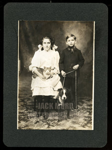 Glaze Siblings Holding Their Pet CAT & DOG on Leash - Bay City Oregon 1900s
