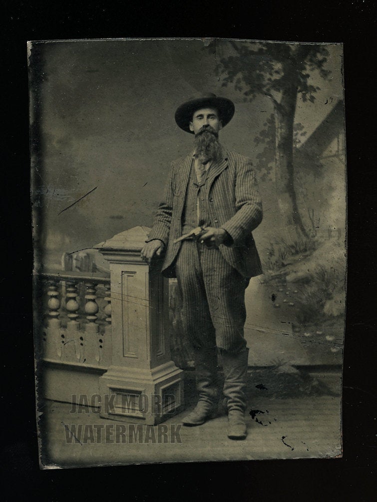Scary Looking Outlaw Type / Cowboy Brandishing a Revolver, Wearing Boots, Antique 1870s Tintype Photo