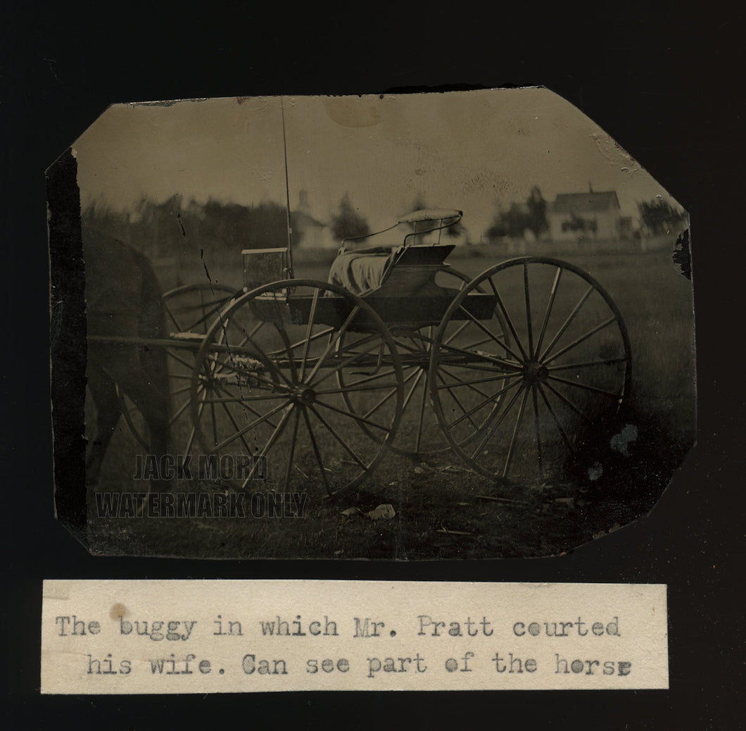 Charming Outdoor Tintype of Horse & Buggy with Courting Note 1860s 1870s