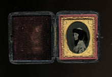 Load image into Gallery viewer, miniature 1850s ambrotype boston girl in profile wearing hat &amp; feathers, PB case
