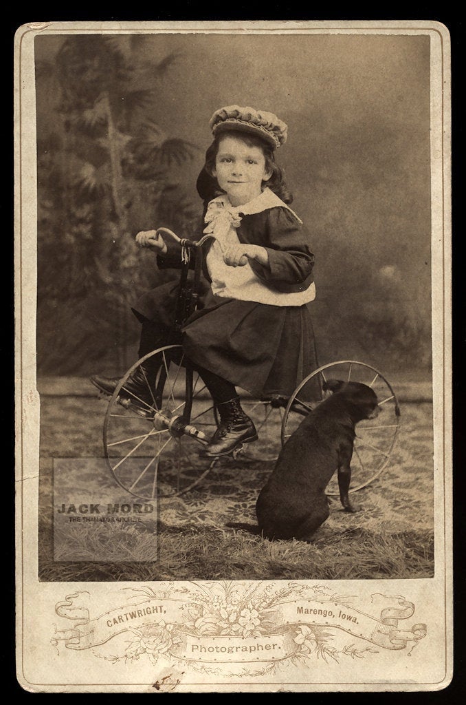 Unusual Antique Photo - Boy on Tricycle / Bike with Little Dog Facing Away!
